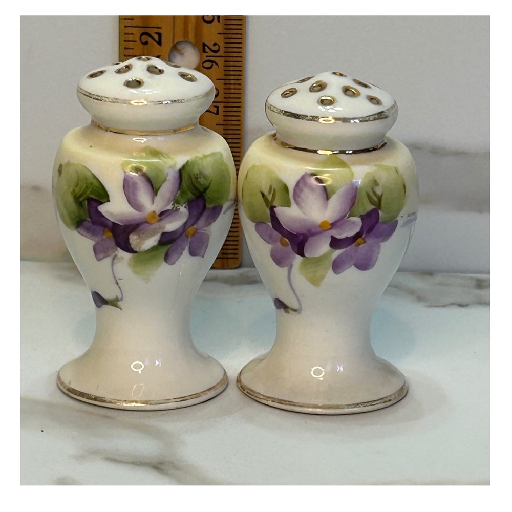 Vintage Nippon Hand Painted Porcelain Salt and Pepper Shakers Violets Gold